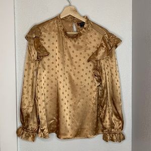 Indigo Poppy Gold Satin Polka Dot Ruffle Blouse NWT Size M Holiday Glam